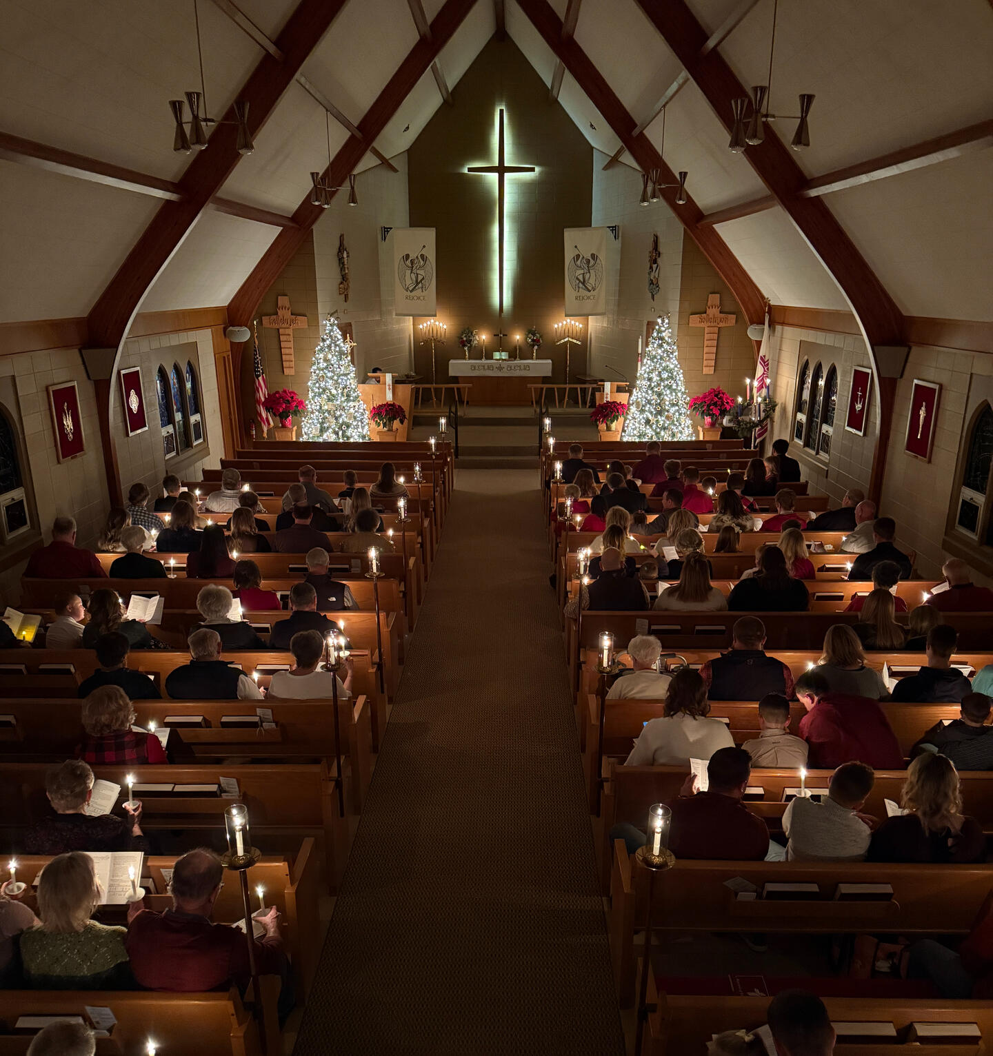 Trinity Lutheran Church in Odebolt, Iowa during a candlelight Christmas Eve service.