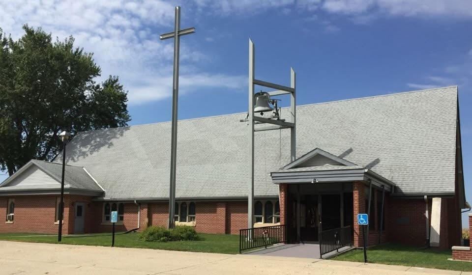 Exterior shot of Trinity Lutheran Church in Odebolt, Iowa.